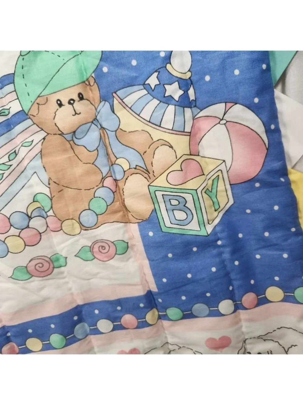 Vintage Teddy Bear Puppy Bunny Toy Box Baby Blanket Puff Quilt Blue Polka Dot